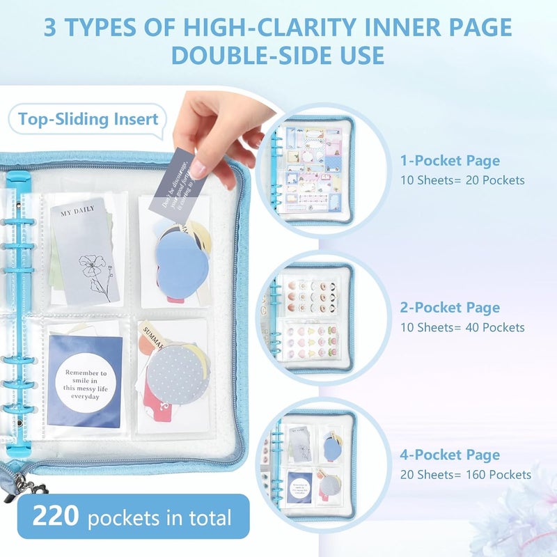 NOCAFI Sticker Organizer Binder Storage Book A5 Reusable Sticker Book Collecting Holder Display Album with 220 Pockets and Zipper Closure (Blue) - Image 3